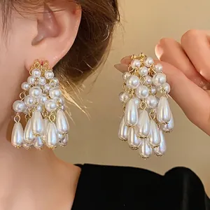 French Chic Pearl Tassel Earrings For Women Gold Plated Alloy Water Drop Dangle With 925 Sterling Silver Earring Post