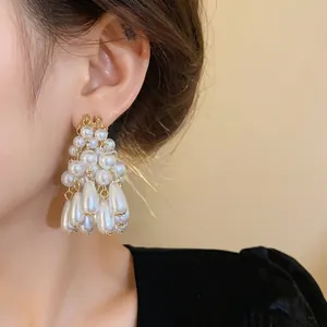 French style elegant white drop pearl tassel earrings with silver needle hooks for women