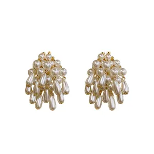 Elegant water drop pearl tassel earrings with silver needle in French luxury style