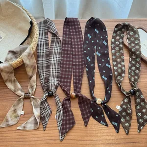 Vintage Scarf Necklace For Women Retro Plaid Floral Print Satin Neck Hanging Necklace Beads Choker Sweater Chain Accessories Jewelry