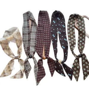 Set of five vintage pattern skinny scarf necklaces with decorative beads for women