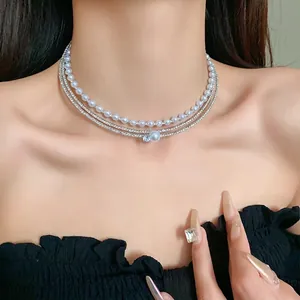 Multilayer Inlaid Zirconia Artificial Pearl Round Choker French Luxury Design Necklace Vintage Versatile Jewelry For Women