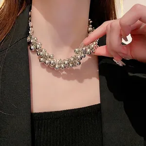 Exaggerated Cluster Ball Necklace For Women Trendy Silver Metallic Choker Design Individual Fashion Jewelry Clavicle Chain Neckpiece