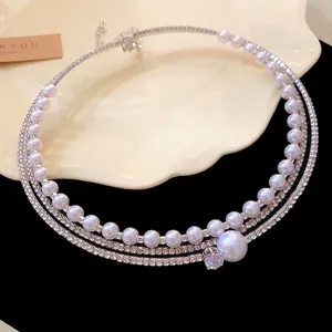 Elegant multi-layer rhinestone and artificial pearl choker necklace for women