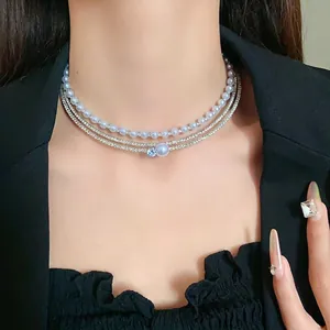 Elegant French style multi-layer zircon and faux pearl choker necklace for stylish women