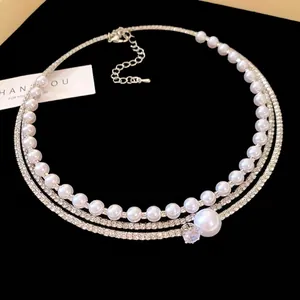 Elegant multi-layer faux pearl and rhinestone choker necklace in French retro style