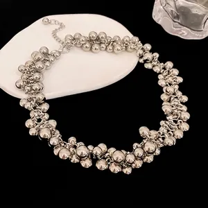 Fashionable metallic clustered bead ball choker necklace for women with silver finish