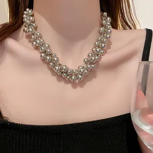 Bold silver clustered bead choker necklace for women, stylish statement fashion jewelry detail