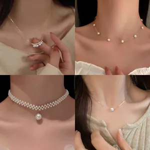 Elegant French style pearl necklace set with four different choker and pendant designs
