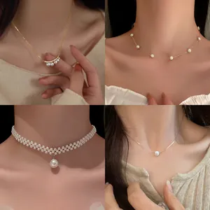 Close-up collage showing four elegant French-style pearl necklaces worn by a model.