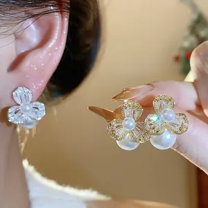 Elegant French style floral earrings with sparkling zircon and pearls on S925 silver needles