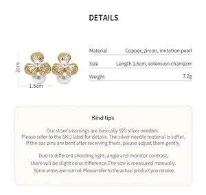 Detailed specs for French style zircon flower pearl earrings with 925 silver needles