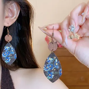 Bohemian drop-shaped wooden earrings with blue floral print for women