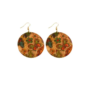 Vibrant colorful butterfly and floral printed cork round drop earrings with gold hooks