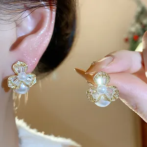 Elegant French style zircon flower pearl earrings in gold finish for women's fashion gift