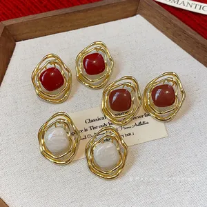 Vintage Irregular Rhombus Drip Oil Ear Clips For Women Gold Plated Alloy Geometric No Pierced Earrings With 925 Sterling Silver Post