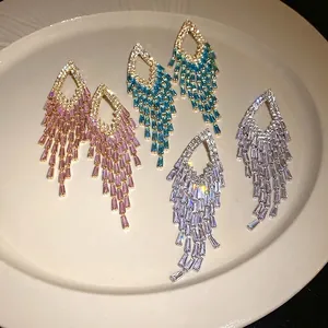 Luxury Rhombus Zirconia Tassel Earrings With 925 Sterling Silver Post Hollow Geometric Drop Earrings For Women Jewelry