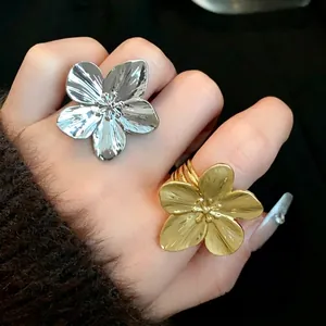 Anillo Abierto de Flor de Cobre Exagerado para Mujer Ajustable Chapado en Oro Plata Anillo de Dedo Statement Joyería de Mano de Moda