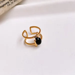 Detailed view of a gold-plated stainless steel open ring with a black oval zircon