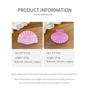 Detailed size and weight specifications for shell-shaped acrylic hair clips.