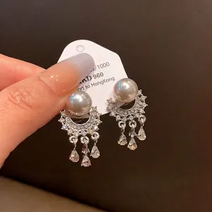 Lussuosi Orecchini a Bottone in Argento Sterling 925 Con Perle Artificiali e Nappe in Strass Gioielli Donna Vintage