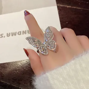 Luxury Alloy Rhinestone Butterfly Open Ring For Women Korean Style Adjustable Finger Ring Jewelry Gift