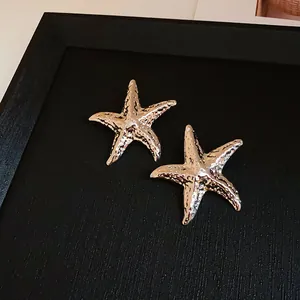 Macro detail of silver starfish earrings with textured surface on black background