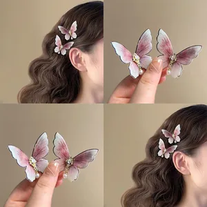 Butterfly Hair Clip Forest Style Artificial Pearl Rhinestone Hairpin Minimalist Duckbill Clip Romantic Hair Accessories