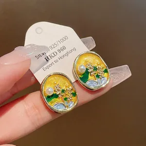 Vintage Copper Enamel Flower Artificial Pearl Stud Earrings With 925 Sterling Silver Earring Post Korean Jewelry For Women
