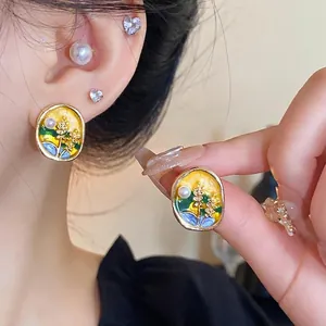 Elegant silver needle oil-drop flower earrings with pearl accents for women's jewelry