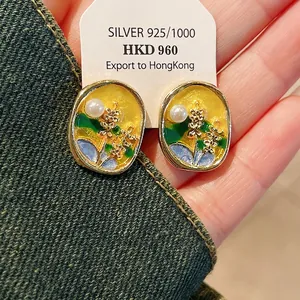 Elegant vintage enamel floral stud earrings with pearls and S925 silver needles