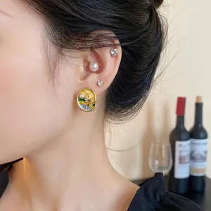 Korean style enamel floral pearl earrings with silver needles for women trendy jewelry
