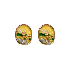 Elegant Korean style gold oval enamel stud earrings with pearl and floral pattern detail