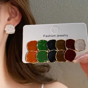 12-piece set of elegant round enamel stud earrings in multiple colors for women