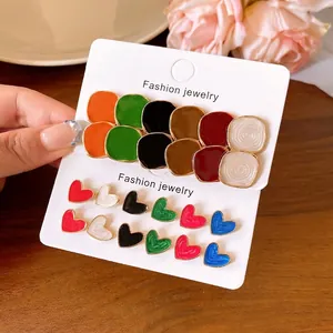 12-piece set of colorful enamel heart and geometric round stud earrings for women