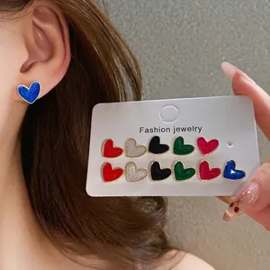 12-piece colorful heart-shaped enamel stud earring set with surgical steel pins for women