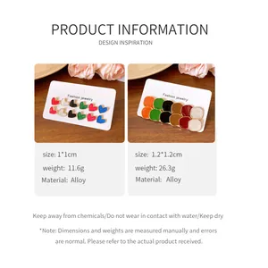 Detailed view of colorful heart and square enamel earring sets with product specs.