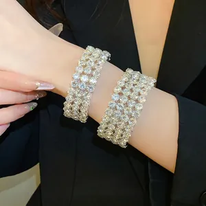 Luxury Rhinestone Inlaid Open Bangle For Women Geometric Iron Silver Plated Multi Row Bracelet Wedding Party Statement Jewelry