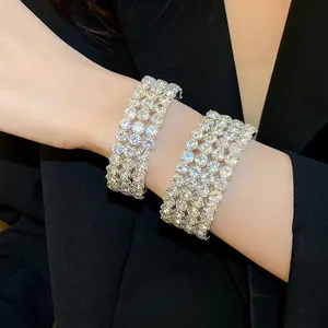 Elegant multi-row sparkling rhinestone open bangle bracelet for women in silver finish