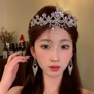 Luxury Zirconia Flower Crown Tiara For Women Bridal Hair Accessories With Tassel Earrings Set For Wedding Birthday Jewelry
