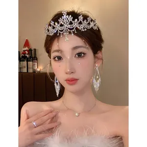 Elegant crystal zircon flower crown tiara jewelry set worn by a model for a party look