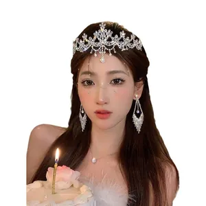 Elegant silver zircon flower crown headband with matching tassel earrings for women