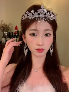 Detail showing a luxurious zircon flower crown and matching crystal earrings on a model.