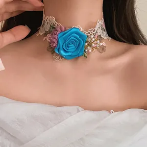 French Style Luxury Lace Floral Artificial Pearl Rhinestone Necklace For Women Vintage Pastoral Fabric Flower Choker Elegant Party Jewelry Gift