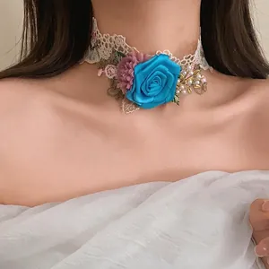 Elegant French pastoral floral lace choker necklace with blue silk rose and pearls