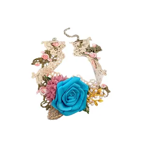 Vintage French style lace choker necklace featuring a blue rose, pearls and gold leaves