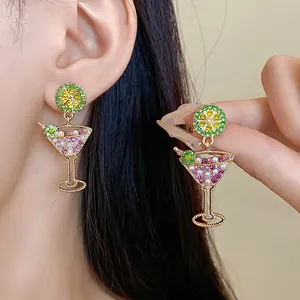 Trendy Alloy Lime Cocktail Glass Dangle Earrings With 925 Sterling Silver Earring Post Rhinestone Artificial Pearl Ear Jewelry For Women