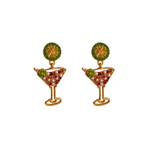 Creative gold-toned cocktail glass earrings with lime slice, rhinestones and pearls