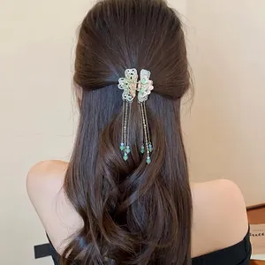 Elegant traditional Chinese style butterfly hair claw clip with long beaded tassels