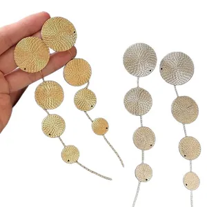 Elegant gold and silver long dangling disc earrings with textured metal finish for women